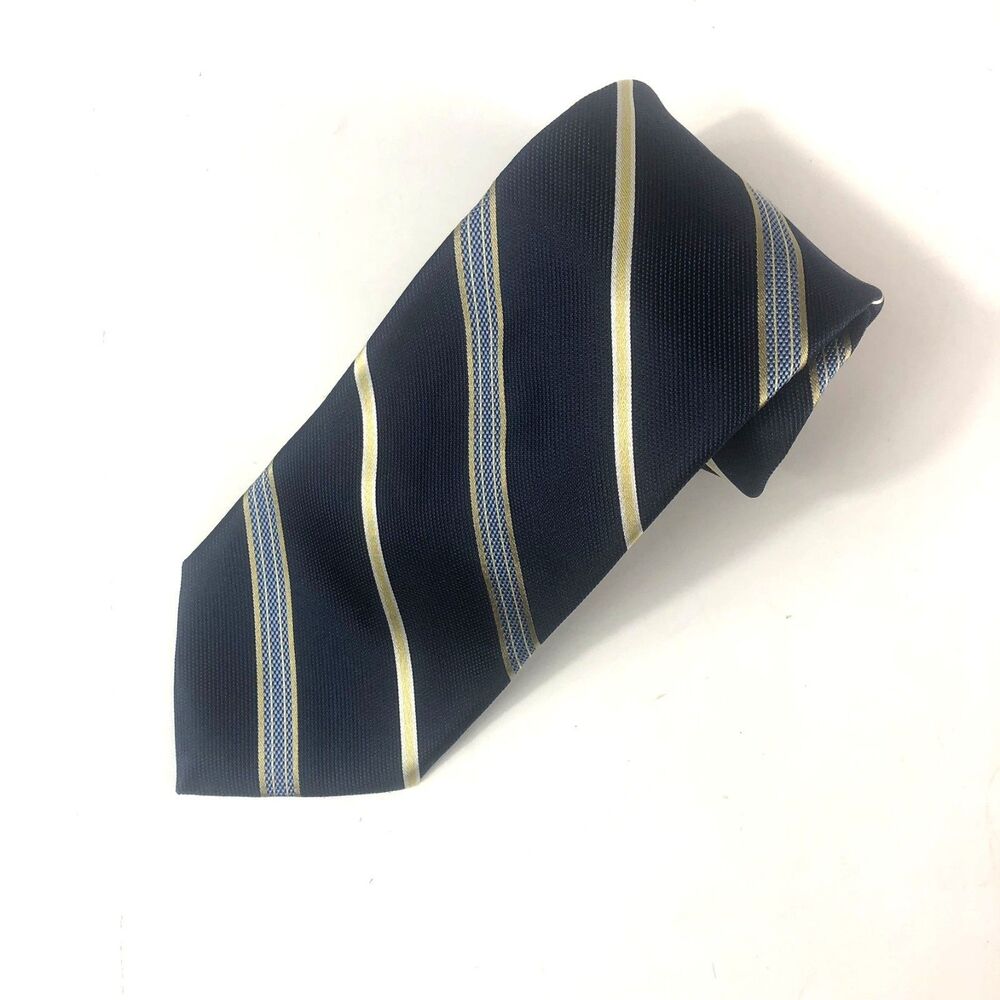 Hart Schaffner Marx Striped Neck Tie Navy Blue Gold Silk Hand Tailored in USA
